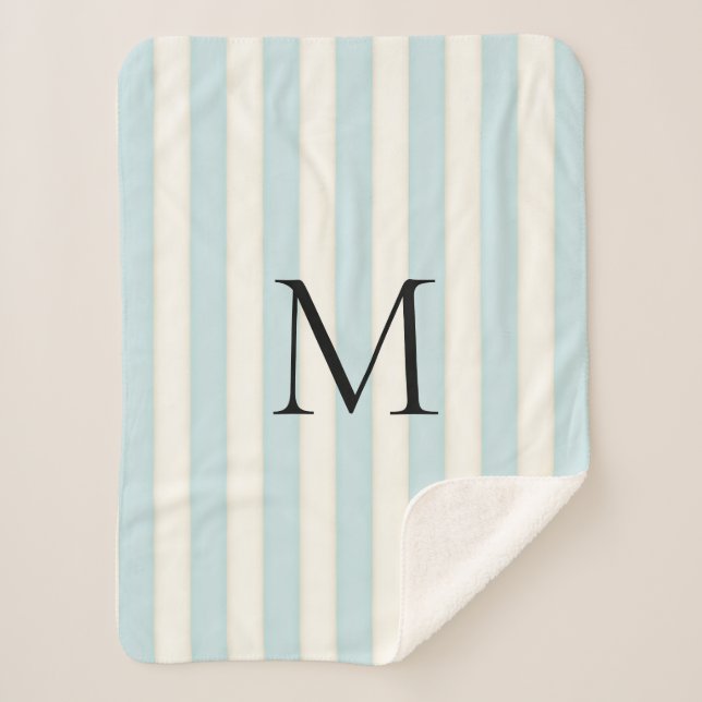 Baby Blue & Antique White Stripes Monogrammed Sherpa Blanket (Front)