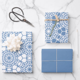 Baby Blue Arabesque Geometric Pattern Wrapping Paper Sheet