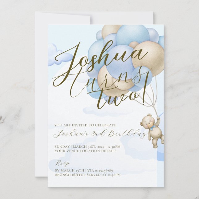 Baby blue balloons teddy bear kids birthday party invitation (Front)