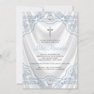 Baby Blue Baptism Christening White Satin Invitation