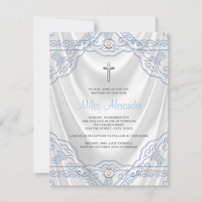 Baby Blue Baptism Christening White Satin Invitation (Front)
