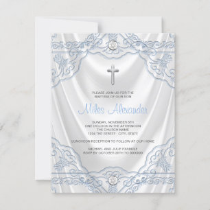 Baby Blue Baptism Christening White Satin Invitation