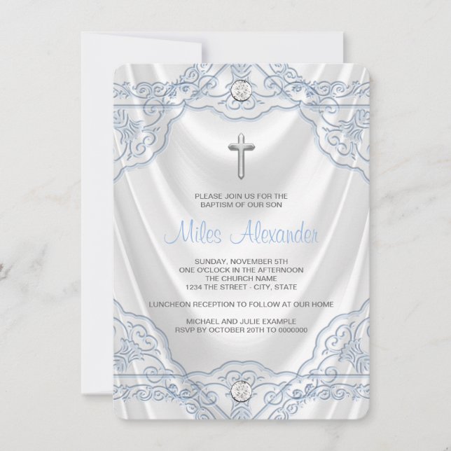 Baby Blue Baptism Christening White Satin Invitation (Front)