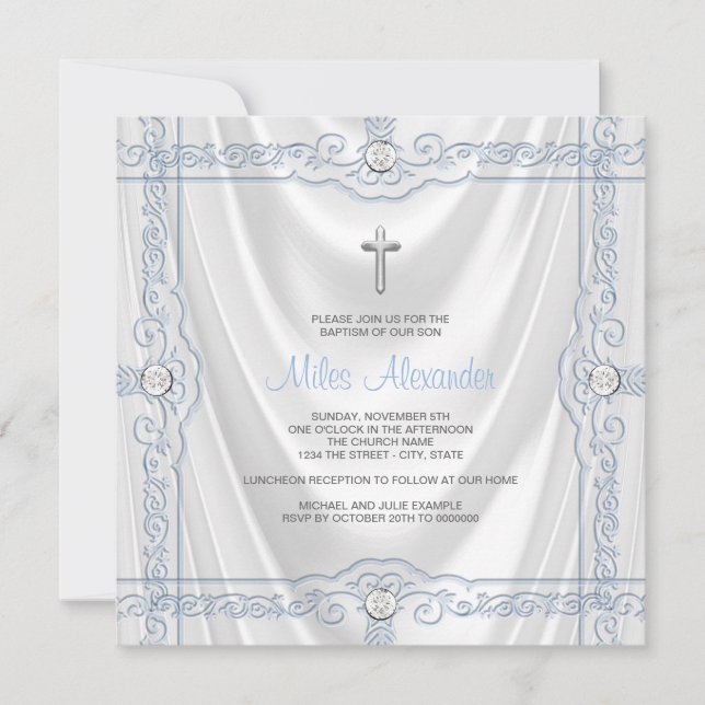 Baby Blue Baptism Christening White Satin Invitation (Front)