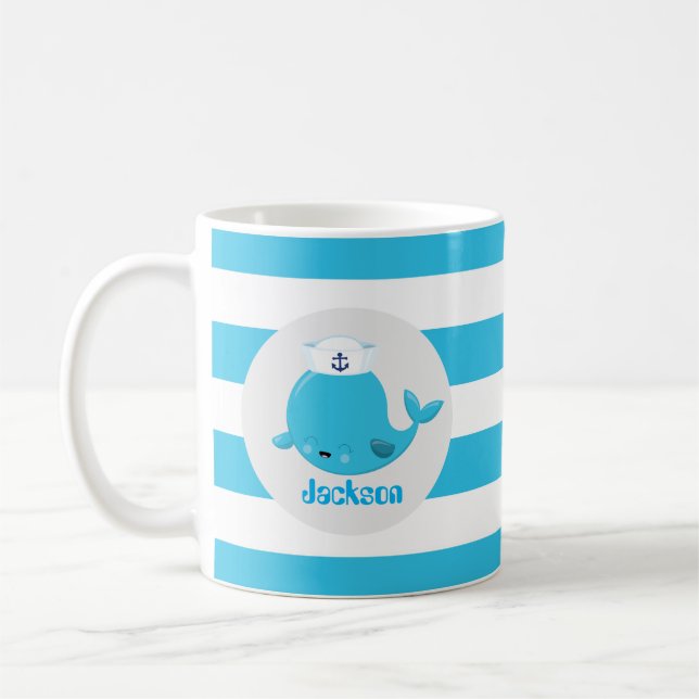 Baby blue beach whale add name monogram mug (Left)