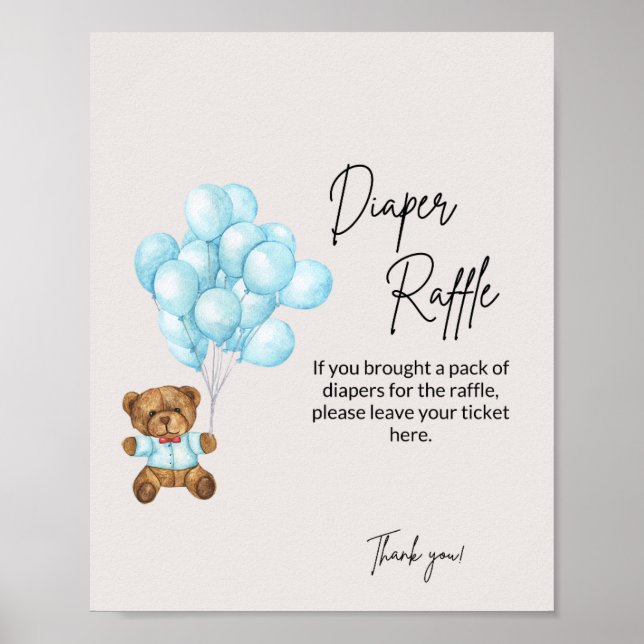 Baby Blue Bear Baby Shower Diaper Raffle Poster (Front)