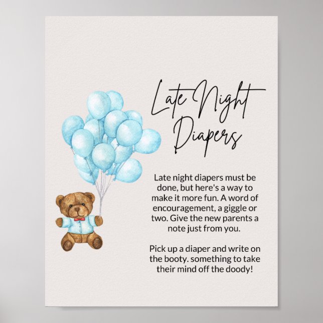 Baby Blue Bear Baby Shower Late Night Diapers Poster (Front)