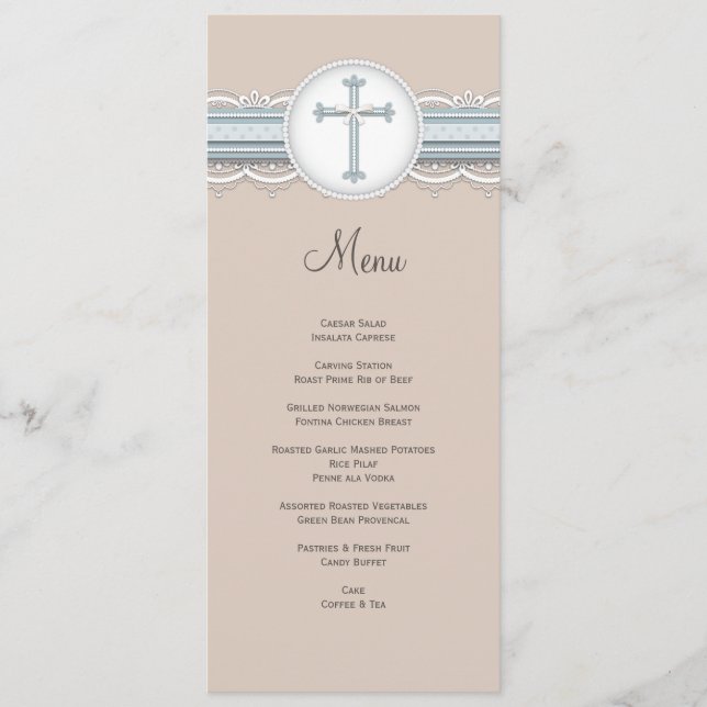 Baby Blue | Beige Cross Religious Celebration Menu (Front)