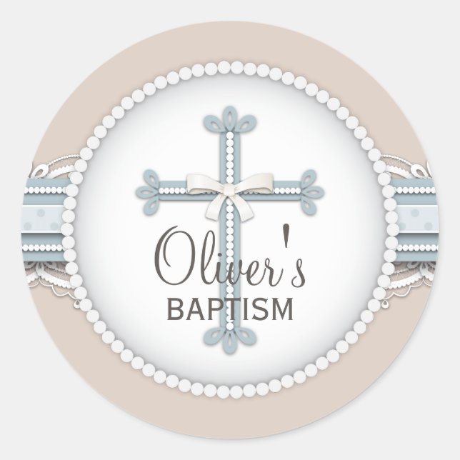 Baby Blue | Beige Religious Celebration Cross Classic Round Sticker (Front)