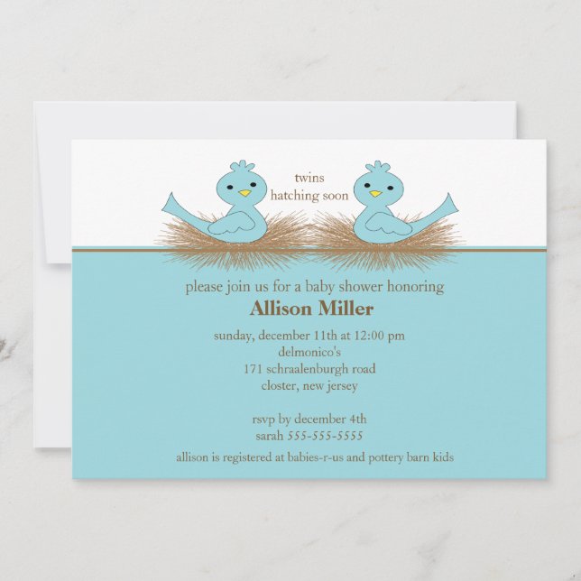 Baby Blue Birds TWINS Baby Shower Invitation (Front)