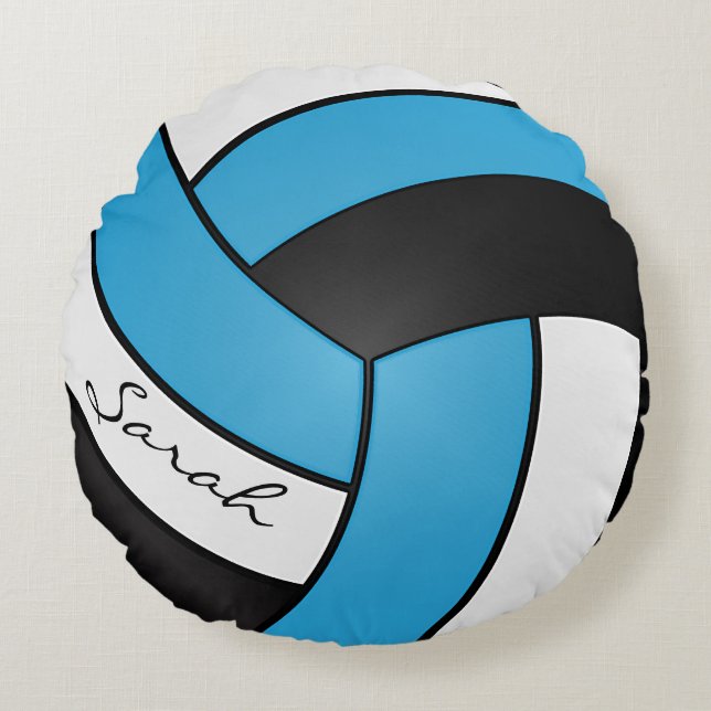 Baby Blue, Black and White Volleyball | DIY Name Round Cushion (Front)