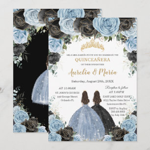 Baby Blue Black Floral Twins Gold Quinceañera XV Invitation