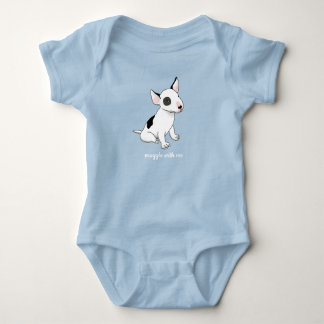 Baby blue body suit with white bull terrier pup bodysuit