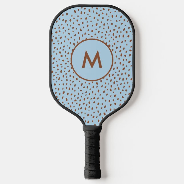 Baby Blue & Boho Terracotta Brown Dots Monogram Pickleball Paddle (Front)