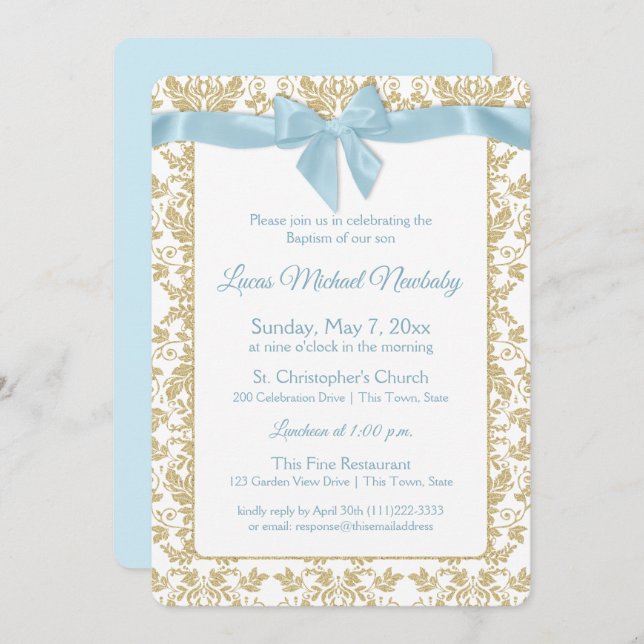 Baby Blue Bow and Gold Damask Baptism Invitation (Front/Back)