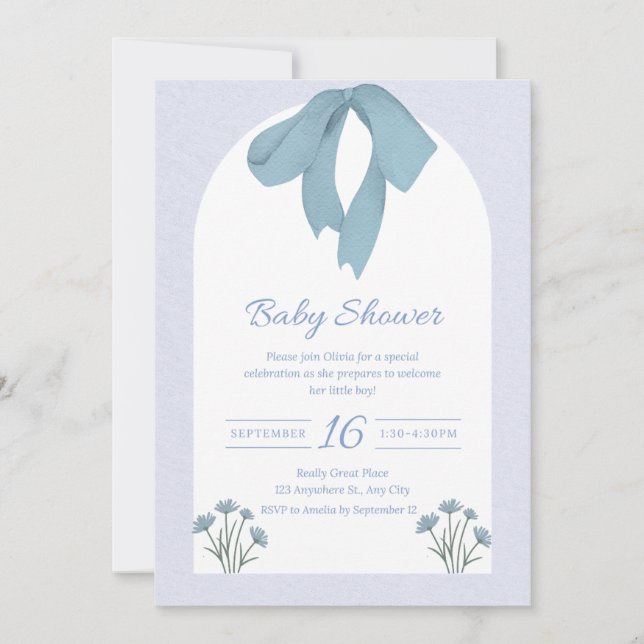Baby Blue Bow Baby Shower Invitation (Front)