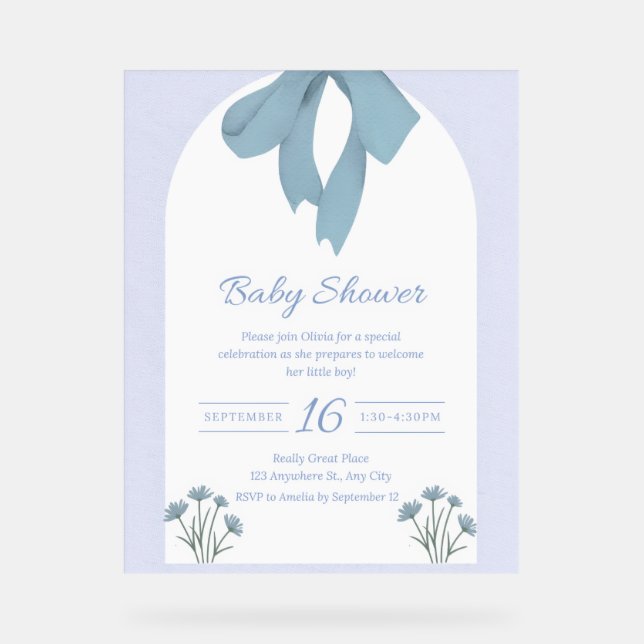 Baby Blue Bow Baby Shower Invitation Acrylic Sign (Front)