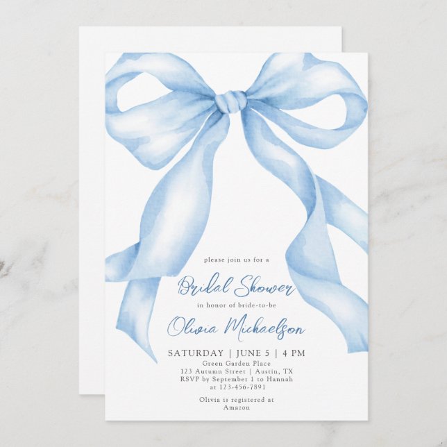 Baby Blue Bow Coquette Ribbon Bridal Shower Invitation (Front/Back)