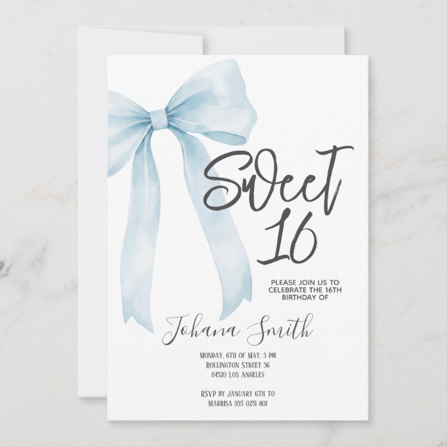 Baby Blue Bow Sweet Sixteen Girl Birthday Party Invitation (Front)
