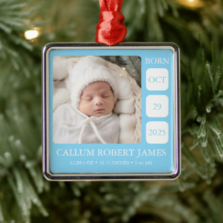 Baby Blue Boy Birth Stats Metal Photo Ornament