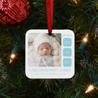 Baby Blue Boy Birth Stats Ornament with Photo