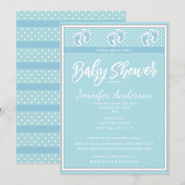Baby Blue Boy Footprint Baby Shower Invitation (Front/Back)