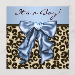 Baby Blue Brown Leopard Baby Boy Shower Invitation