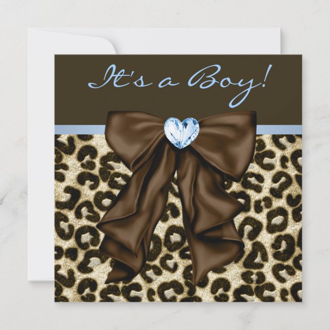 Baby Blue Brown Leopard Baby Boy Shower Invitation (Front)