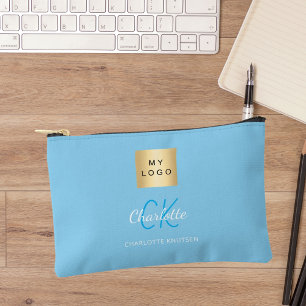Baby blue business logo name monogram accessory pouch