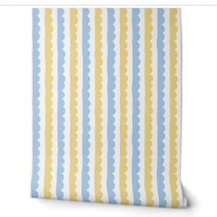 Baby Blue, Butter Yellow and White Scallop Stripe Wallpaper