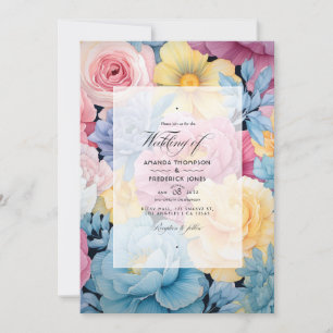 Baby Blue, Buttercream Yellow, Pastel Pink Wedding Invitation