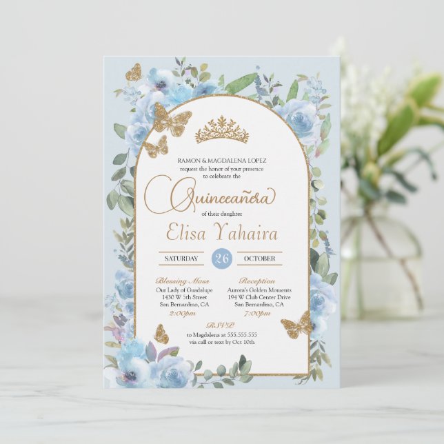 Baby Blue Butterfly Watercolor Floral Quinceañera Invitation (Standing Front)