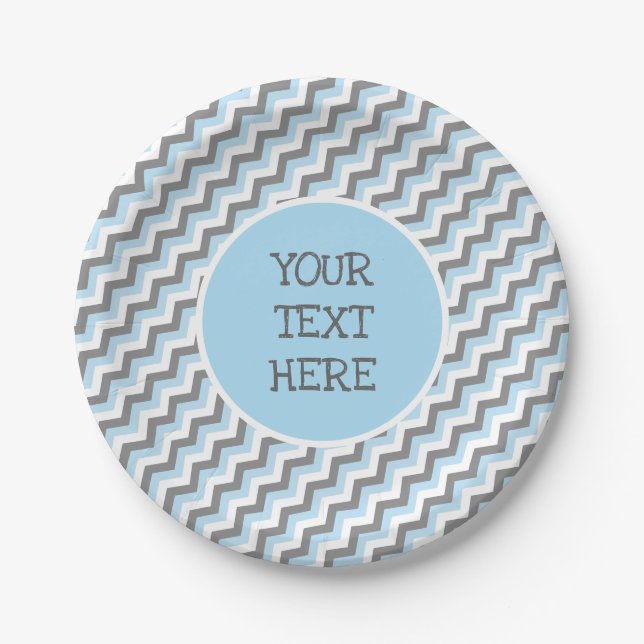 Baby Blue Chevron and Grey Custom Text Paper Plate (Front)