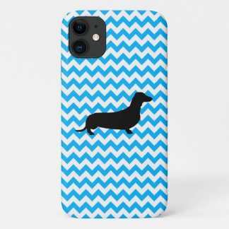Baby Blue Chevron With Dachshund Silhouette iPhone 11 Case