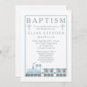 Baby Blue Choo Choo Train Boy Baptism Invitation