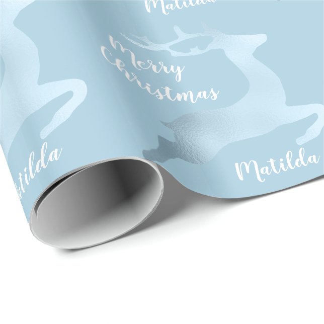 Baby Blue Christmas reindeer pattern personalised Wrapping Paper (Roll Corner)