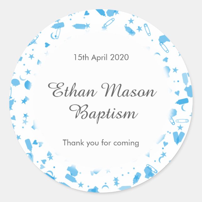 Baby Blue Confetti Baptism Christening Favour Classic Round Sticker (Front)