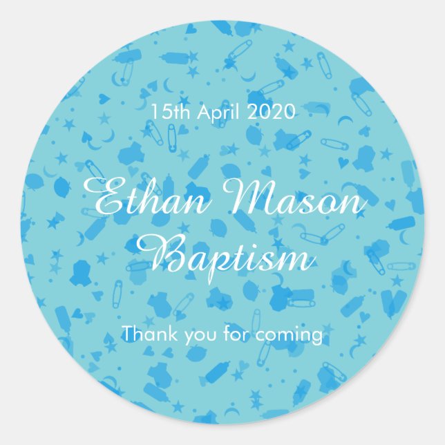 Baby Blue Confetti Baptism Christening Favour Classic Round Sticker (Front)
