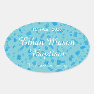 Baby Blue Confetti Baptism Christening Favour Oval Sticker