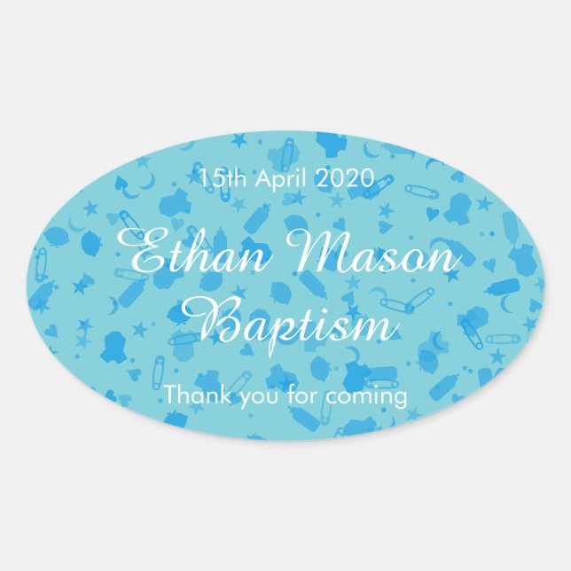 Baby Blue Confetti Baptism Christening Favour Oval Sticker (Front)