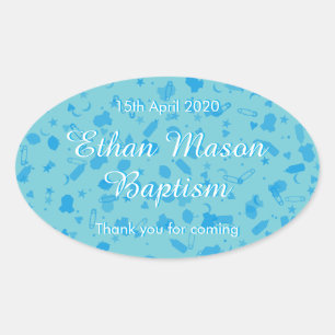 Baby Blue Confetti Baptism Christening Favour Oval Sticker