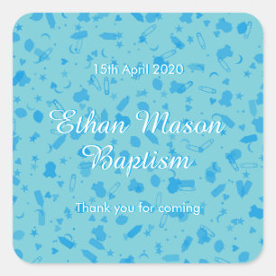 Baby Blue Confetti Baptism Christening Favour Square Sticker