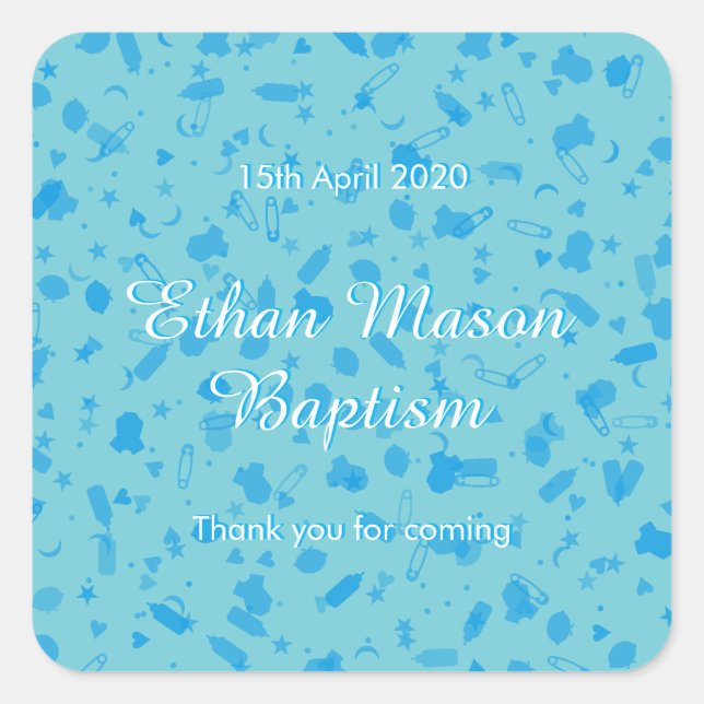 Baby Blue Confetti Baptism Christening Favour Square Sticker (Front)