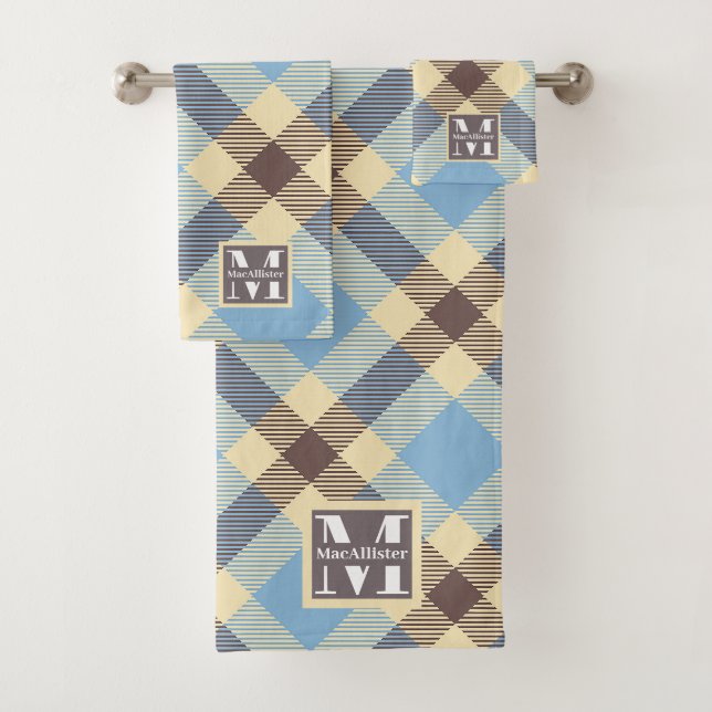Baby Blue Cream Brown Retro Plaid Monogram Name Bath Towel Set (Insitu)