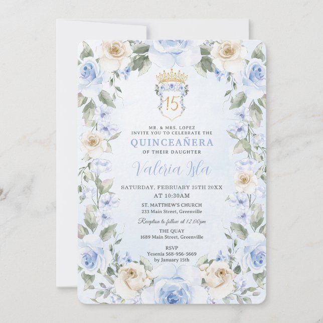 Baby Blue Cream Floral Wreath Gold Quinceañera Invitation (Front)