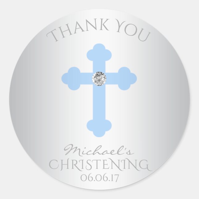 Baby Blue Cross Baptism/Christening Boy Thank You Classic Round Sticker (Front)