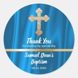 Baby Blue Cross Baptism Favour Boy Thank You Classic Round Sticker