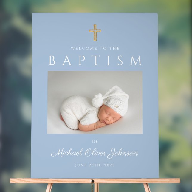 Baby Blue Cross Photo Boy Baptism Welcome Acrylic Sign (Neutral)