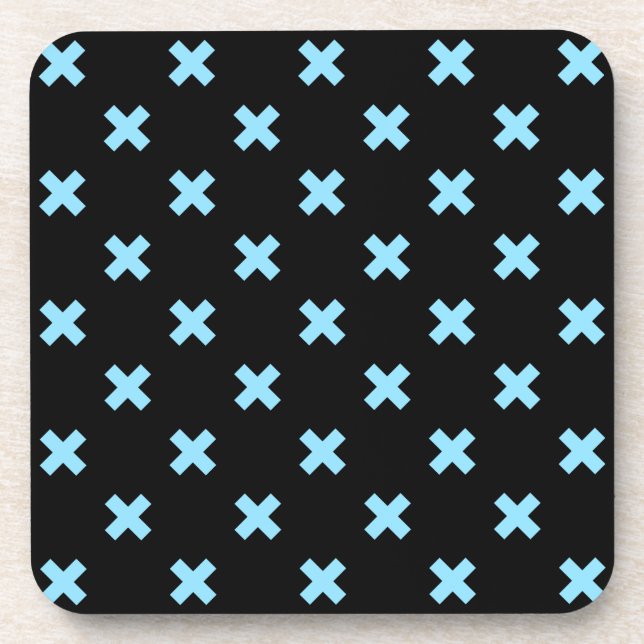 Baby blue cross stitches on black coaster (Front)