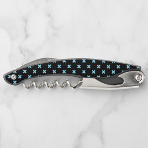 Baby blue cross stitches on black corkscrew